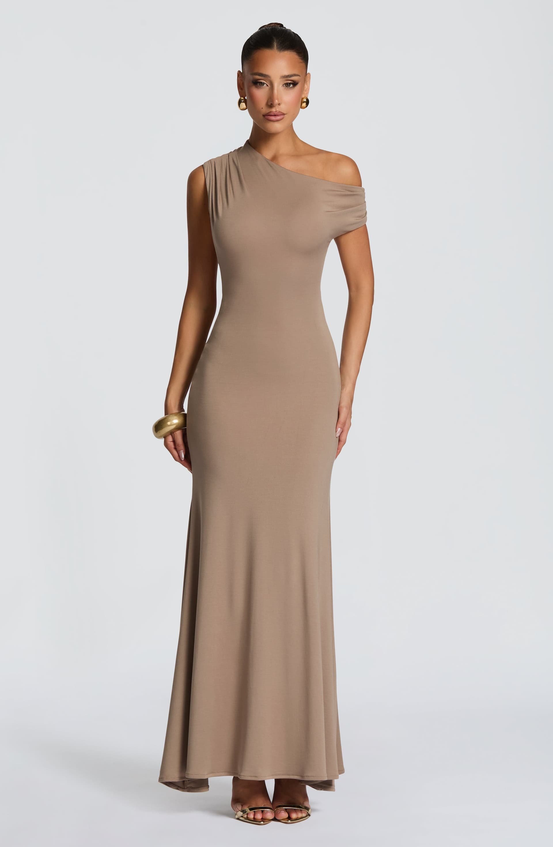 Fiora Maxi Dress in Stone - Stretch Modal Jersey Asymmetric Neckline Open Back