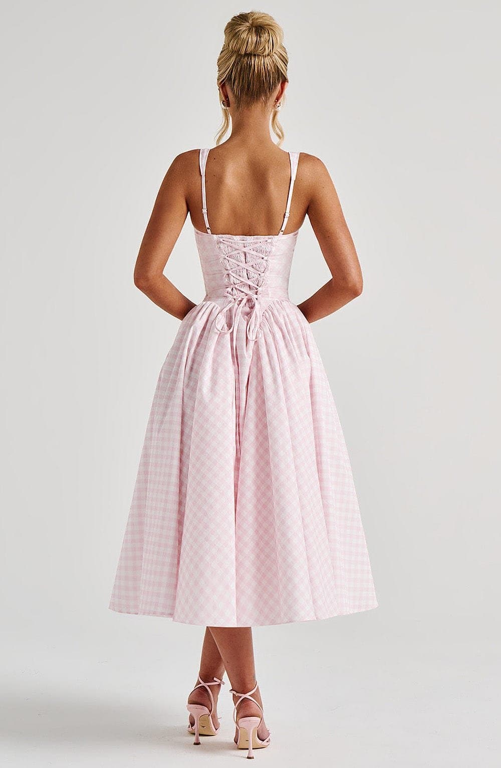Sherrie Midi Dress Blush Gingham Print Cotton Nylon Elastane Voile Lace-Up Back