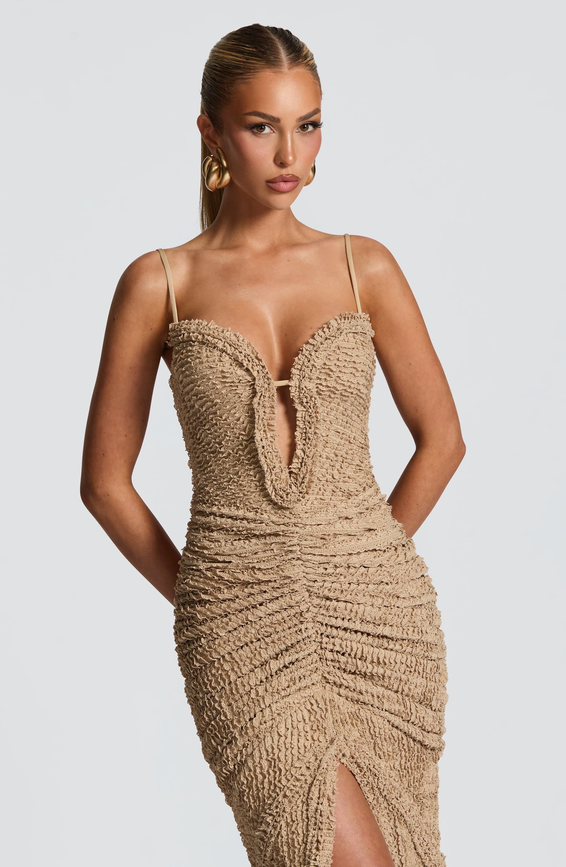 Lysandra Beige Textured Maxi Dress with Ruffle Detail, Keyhole Bust & Hip Ruching