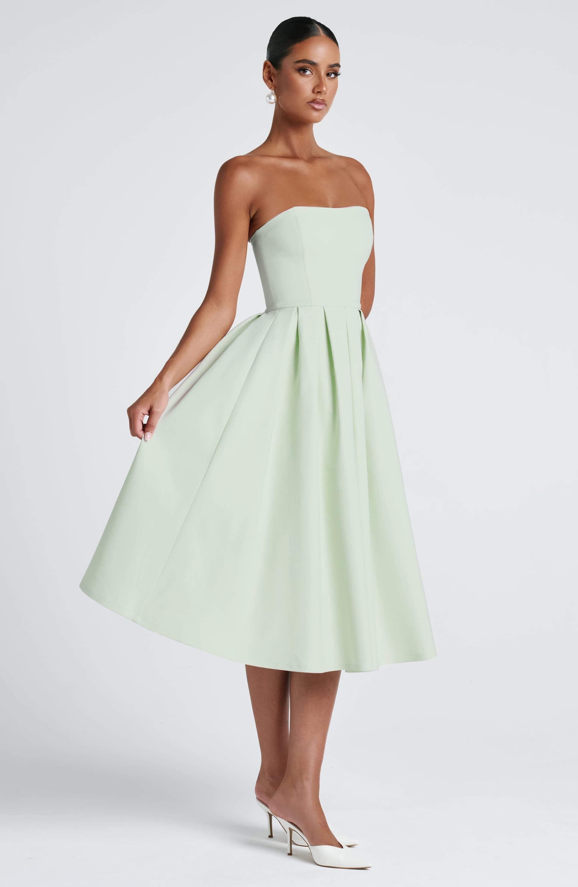 Edith Midi Dress - Mint Strapless Pleated Stretch Bengaline