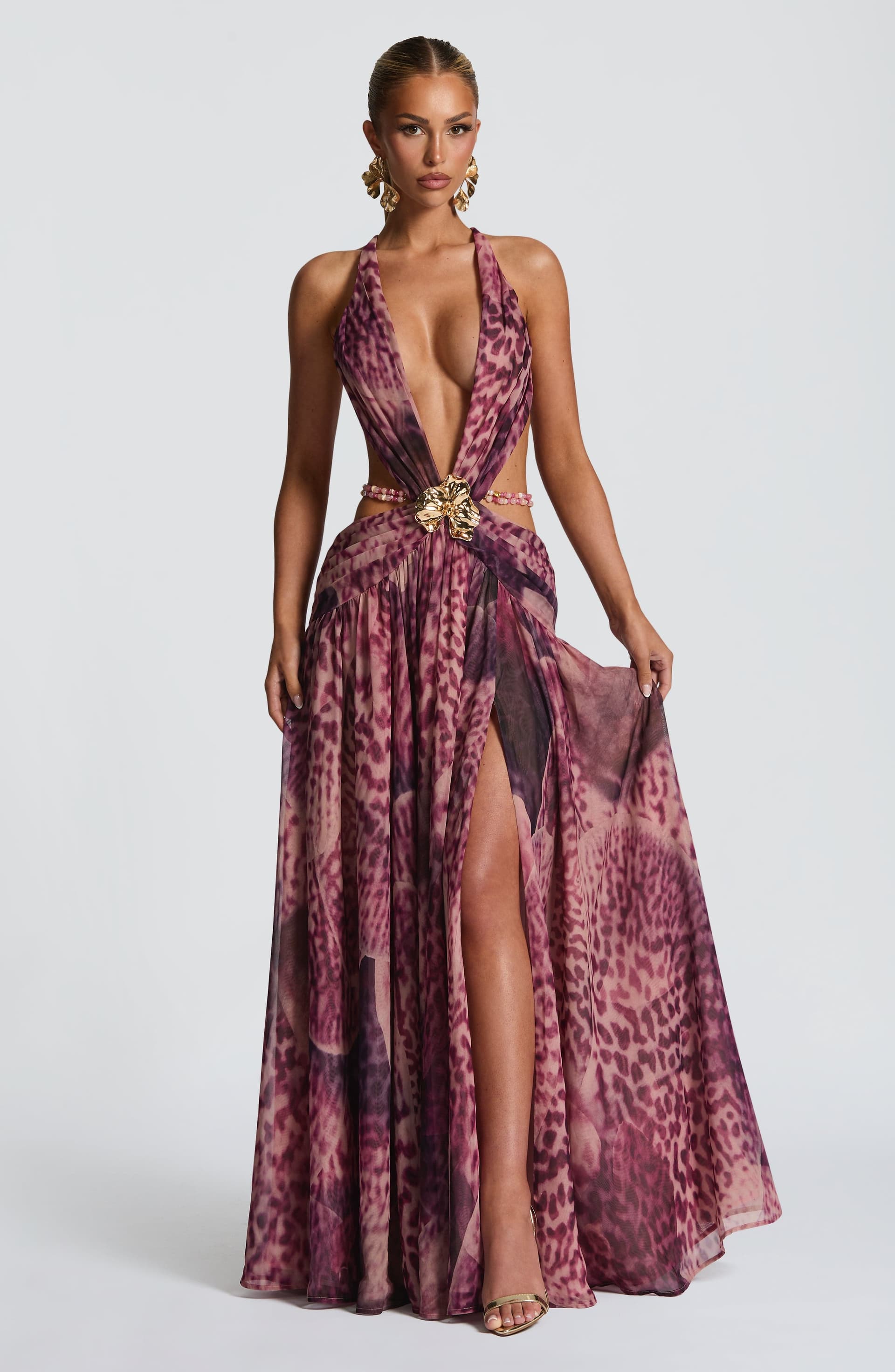 Indianna Maxi Dress Magenta Orchid Print Chiffon Plunge Neckline Backless