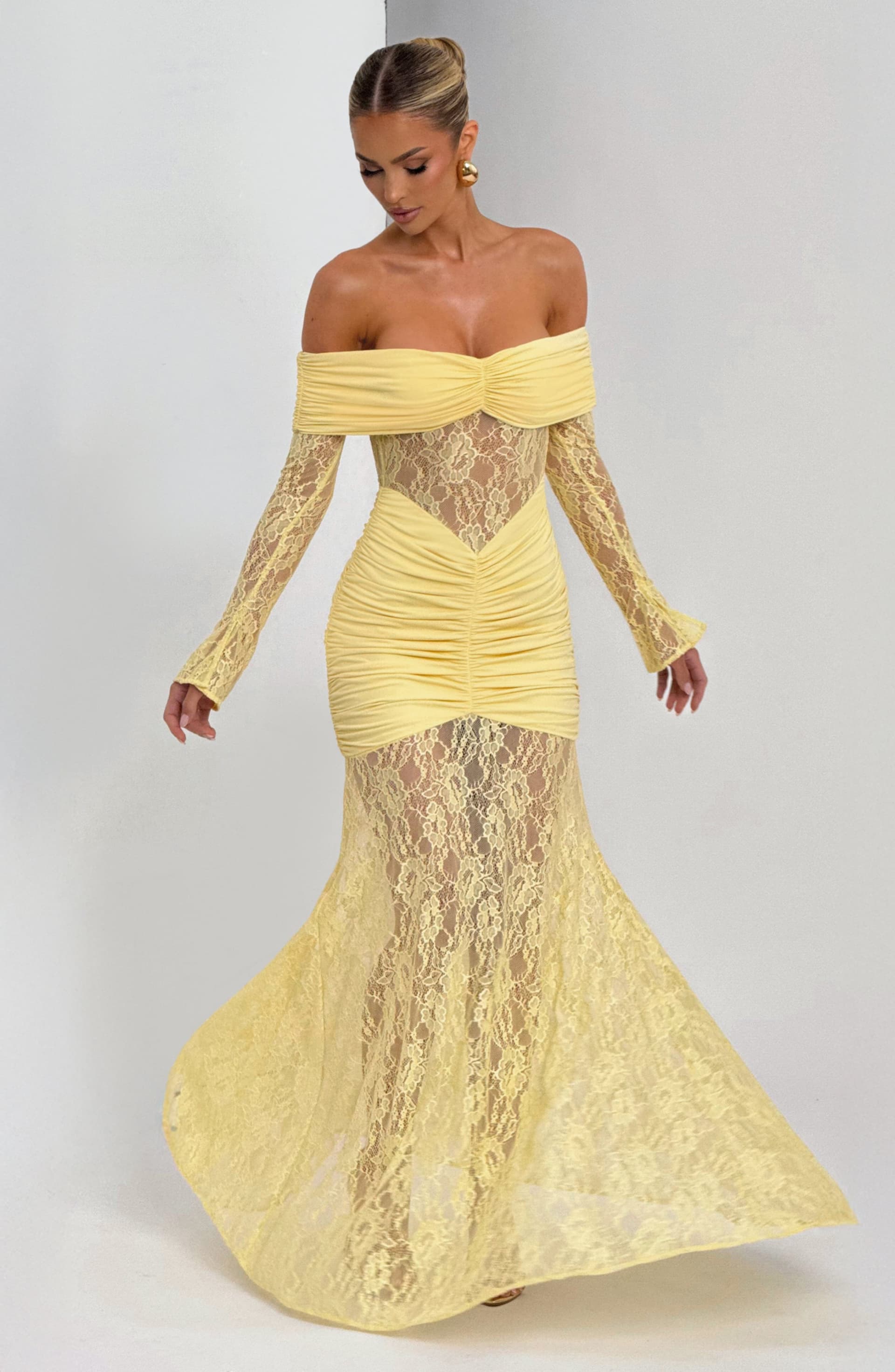 Sauline Maxi Dress in Lemon - Stretch Jersey Floral Lace Long Sleeve