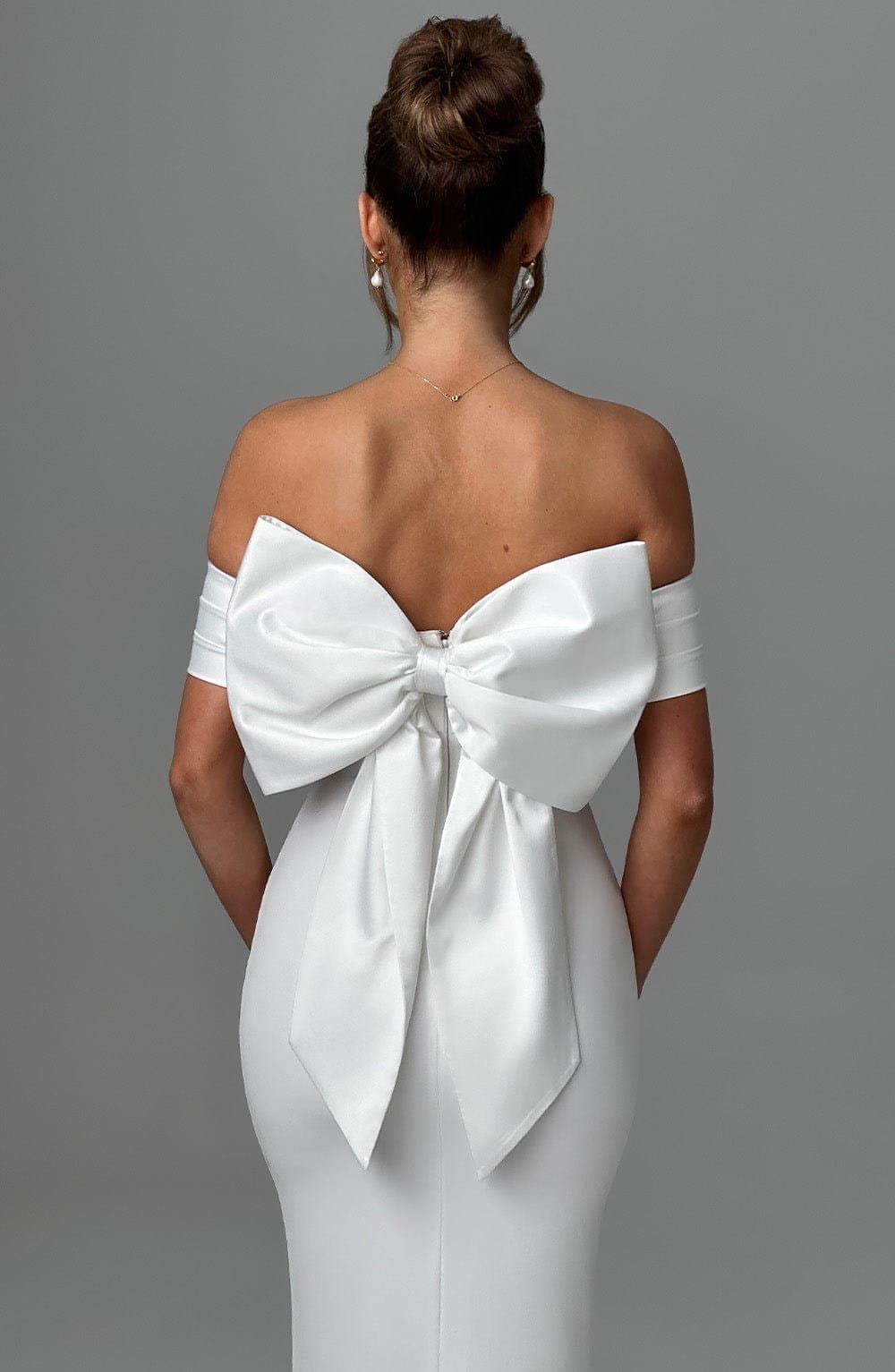 Joanna Maxi Dress in Ivory - Stretch Crepe Fit and Flare with Bardot Neckline