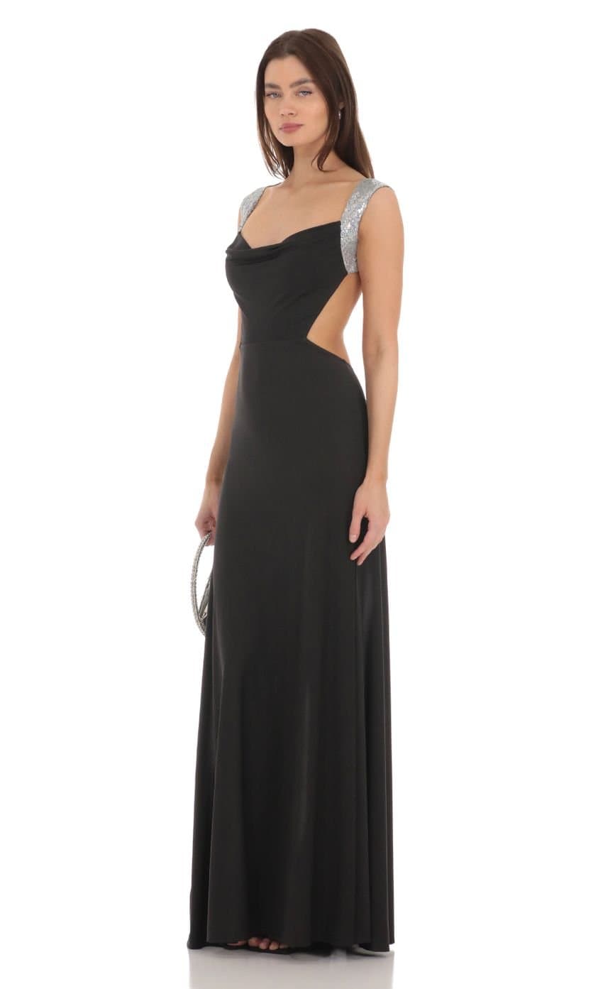 Silver Sequin Open Back Cowl Neck Dress in Black