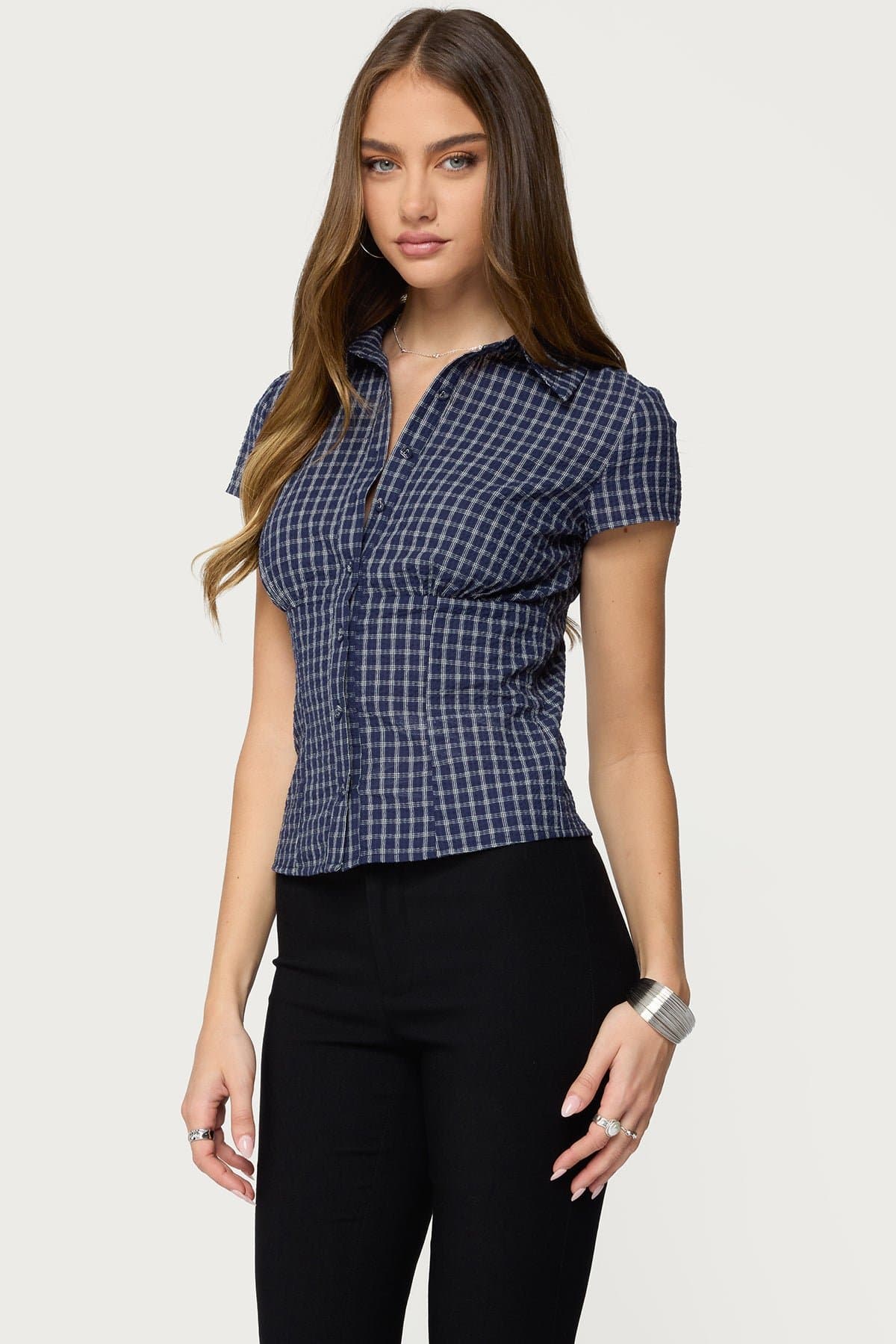 Oriya Gingham Tailored Button Up Shirt - Cotton Polyester Textured Fabric