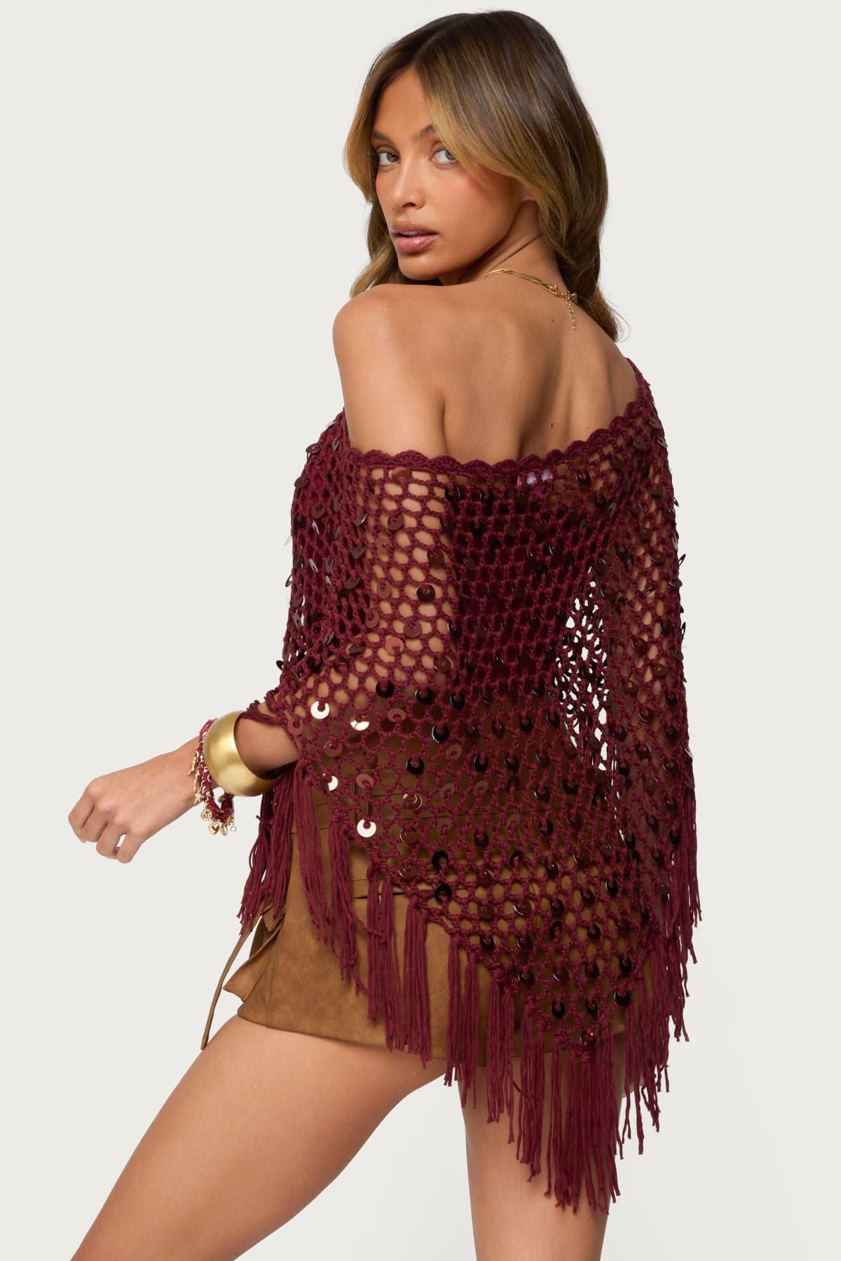 Fringe Sequin Crochet Poncho Acrylic Fabric Small Medium Large