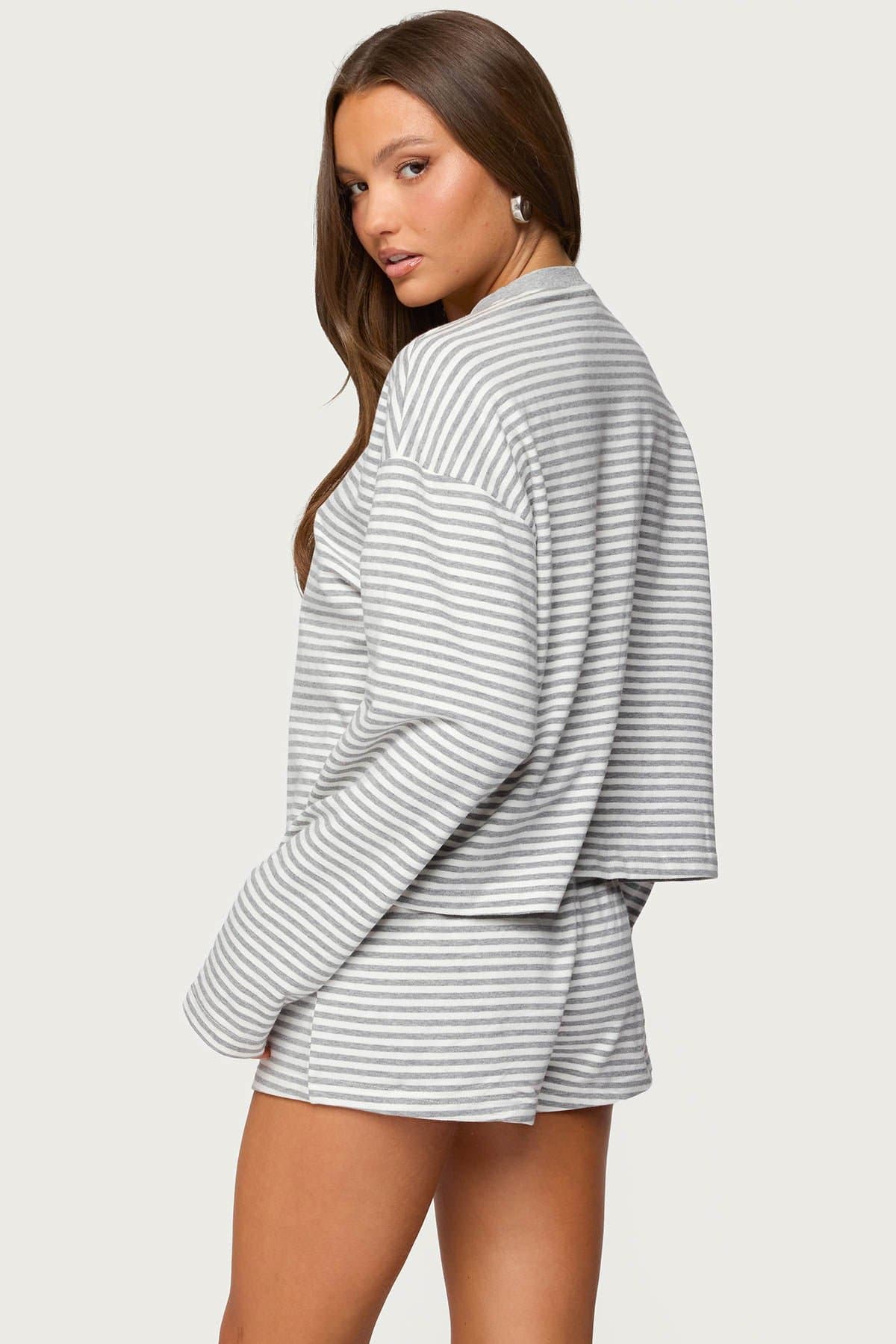 Jainee Striped Long Sleeve Oversized T-Shirt - Cotton Spandex Loungewear