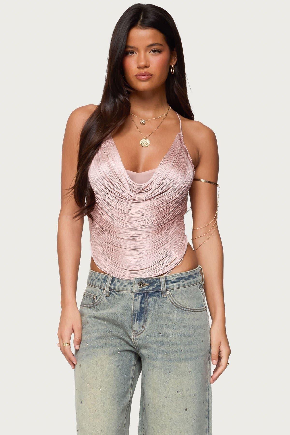 Elenie Fringed Cowl Neck Top with Adjustable Crisscross Straps and Side Mesh Panels