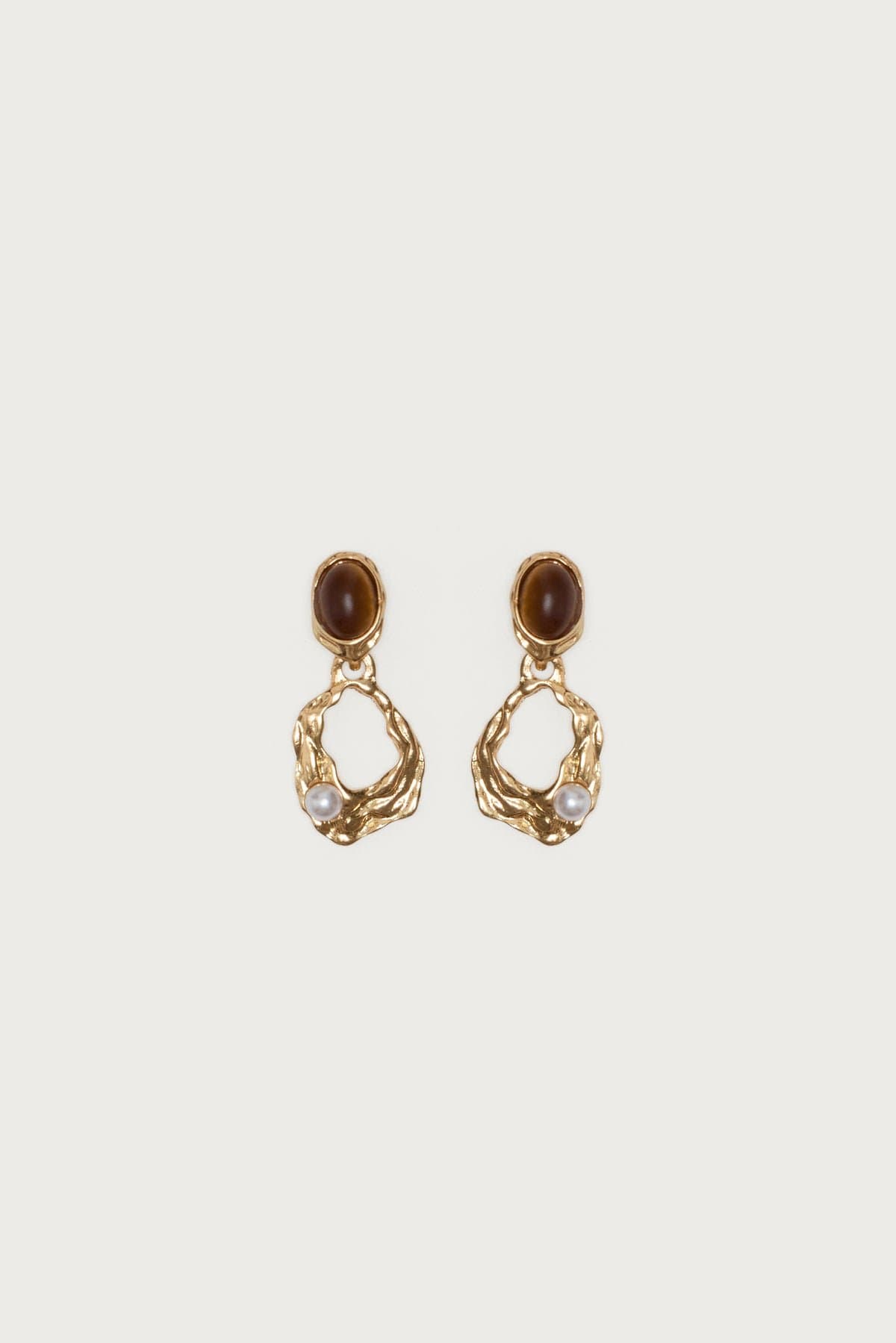 Faux Tiger Eye Abstract Dangling Stud Earrings with Pearl Gemstone Gold Tone