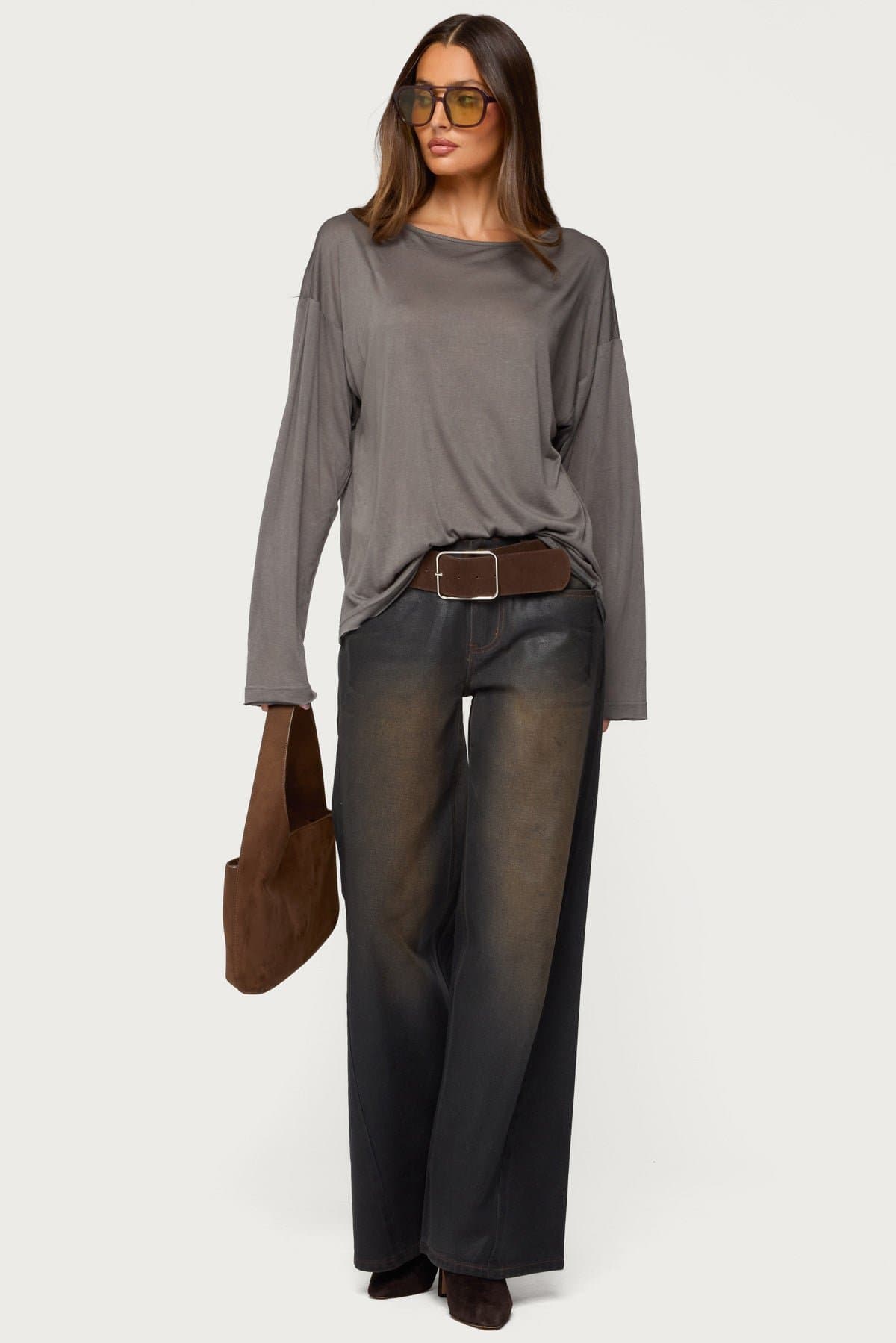 Oversized Semi Sheer Long Sleeve T-Shirt - Rayon Polyester Women's Top