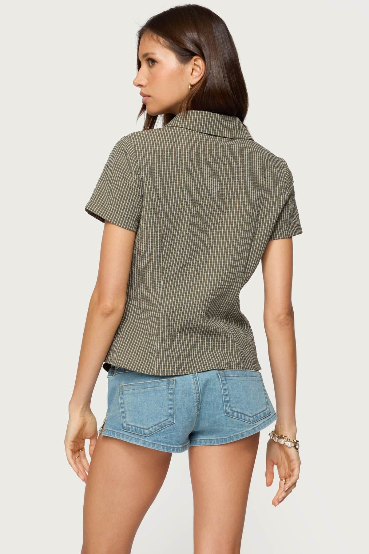 Alisa Plaid Tailored Button Up Shirt - Cotton Polyester Classic Collar Pleated Detailing