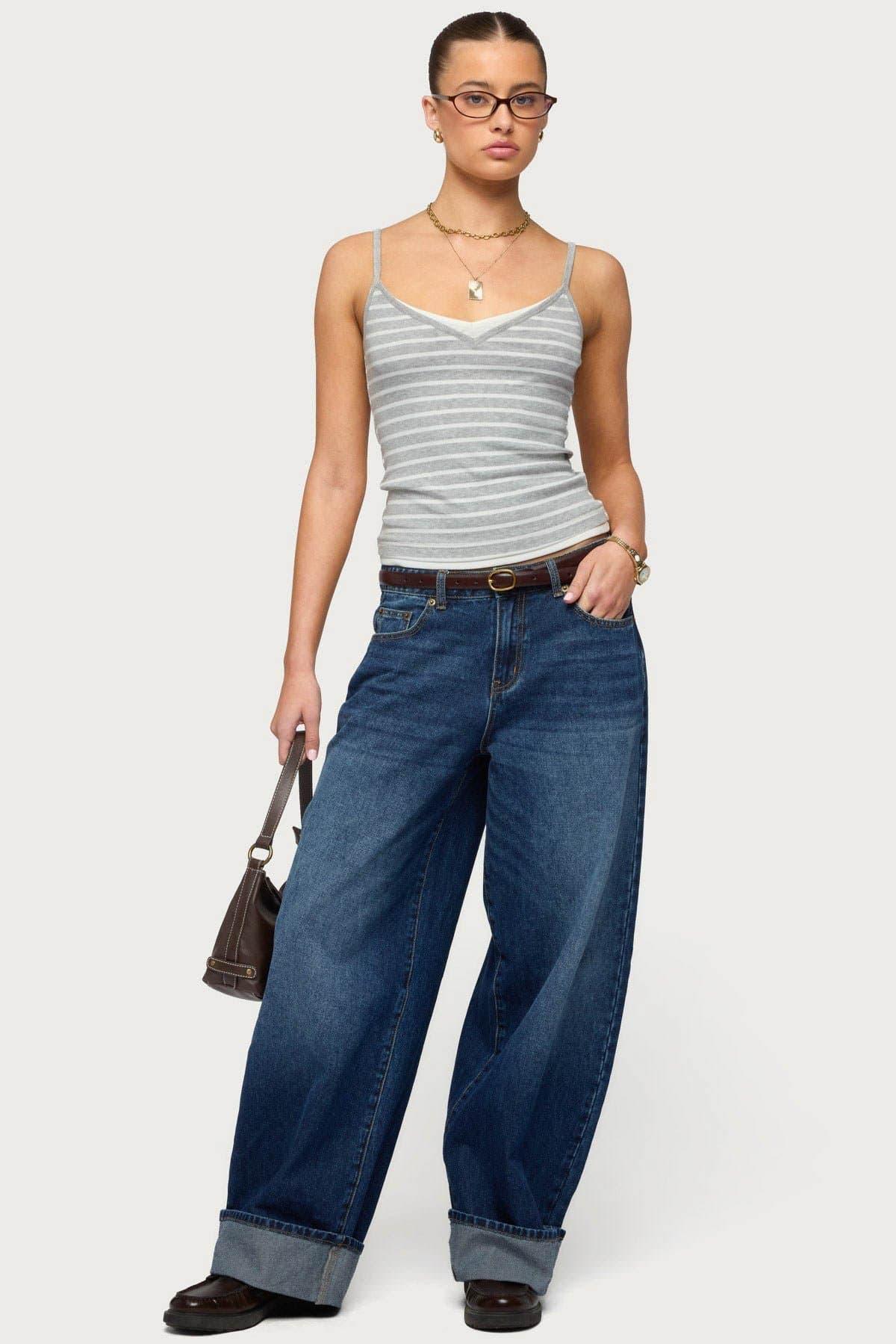 Layered Contrast Striped Tank Top with Adjustable Straps V-Neck Polyester Spandex