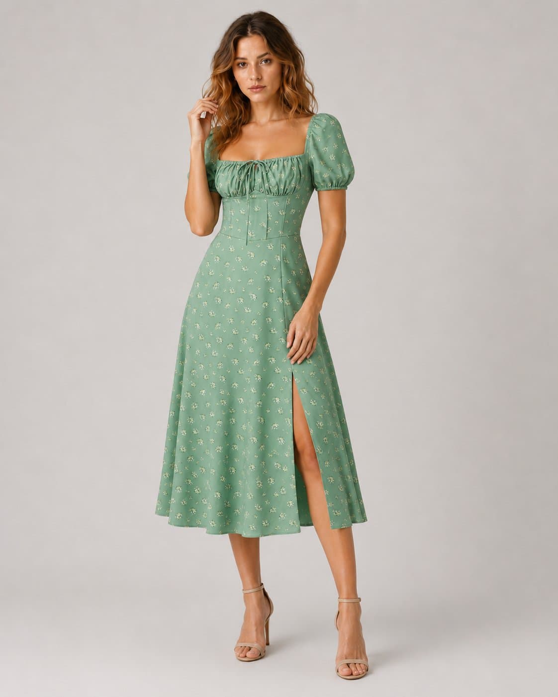 Women's Green Floral Midi Dress – Puff Sleeve Sweetheart Ruched Tie Front Fitted Bodice A-Line Dress with Side Slit