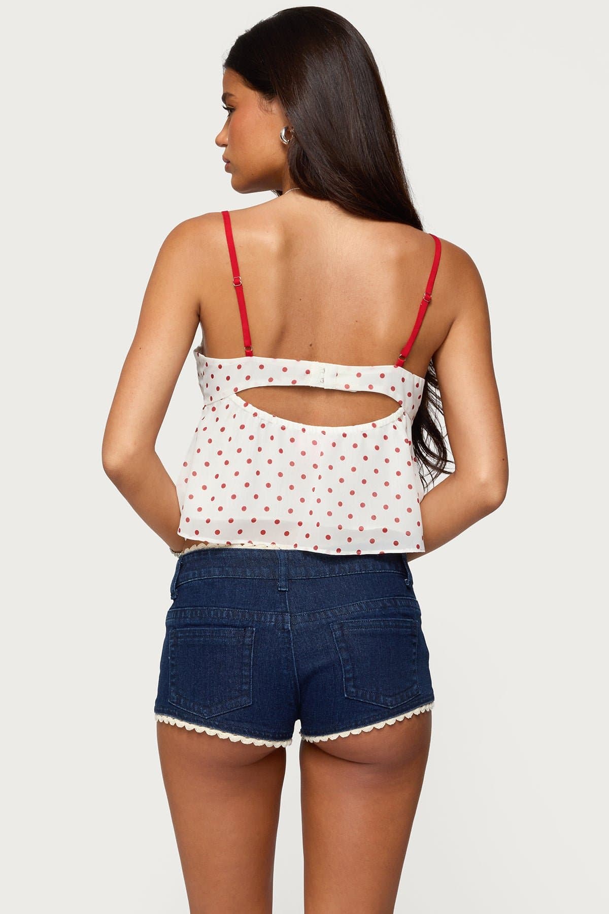 Contrast Polka Dot Cupped Chiffon Top with Adjustable Straps and Lace Trim
