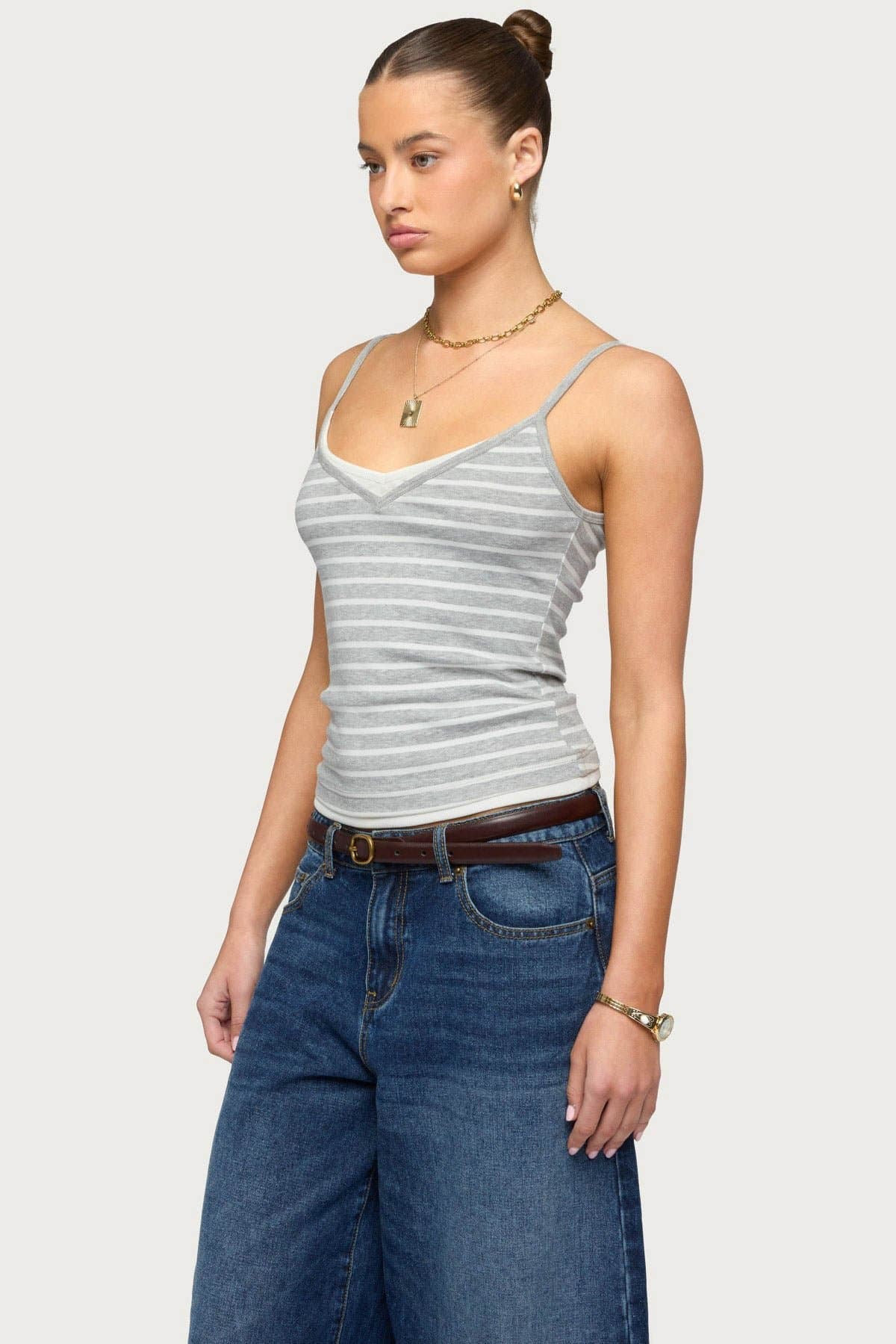 Layered Contrast Striped Tank Top with Adjustable Straps V-Neck Polyester Spandex