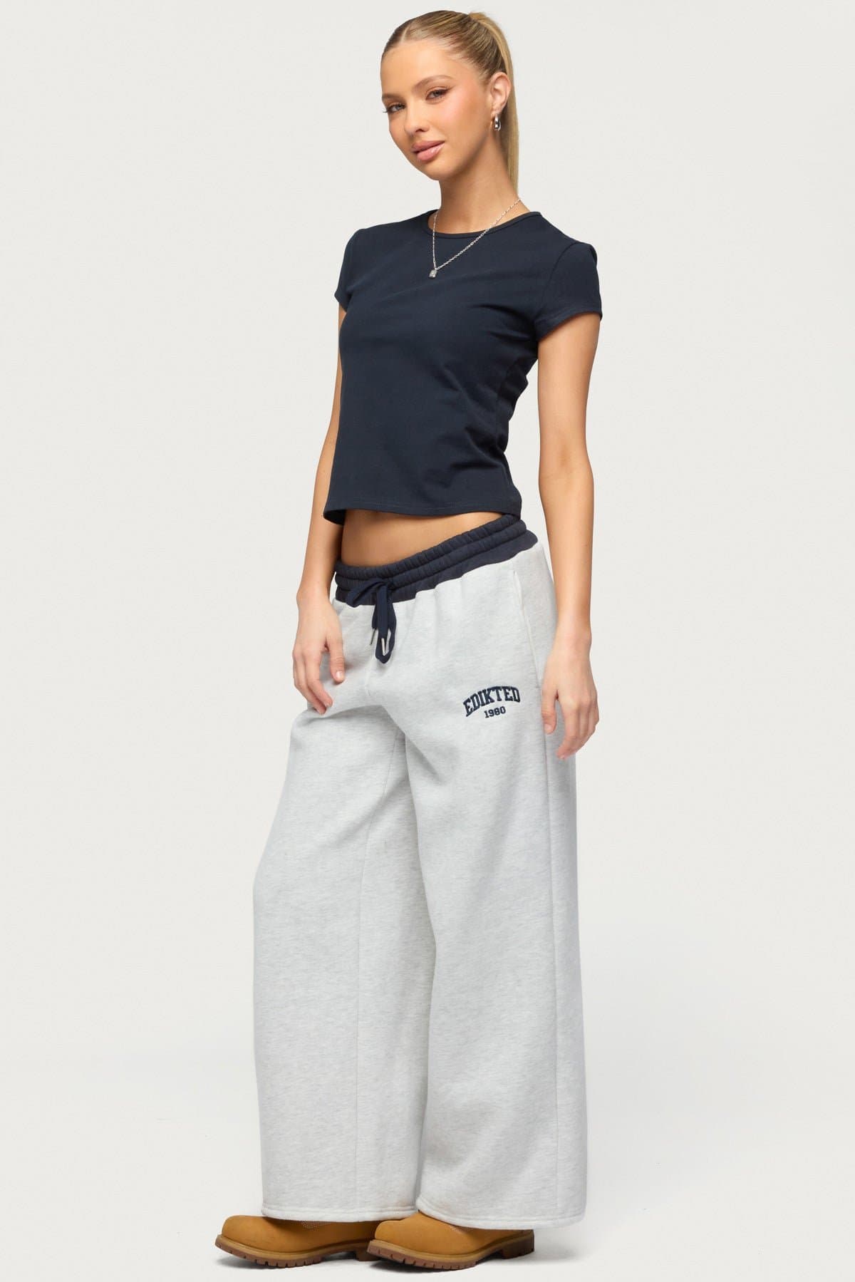 Petite Edikted Contrast Embroidered Sweatpants - Adjustable Tie Waist, Polyester