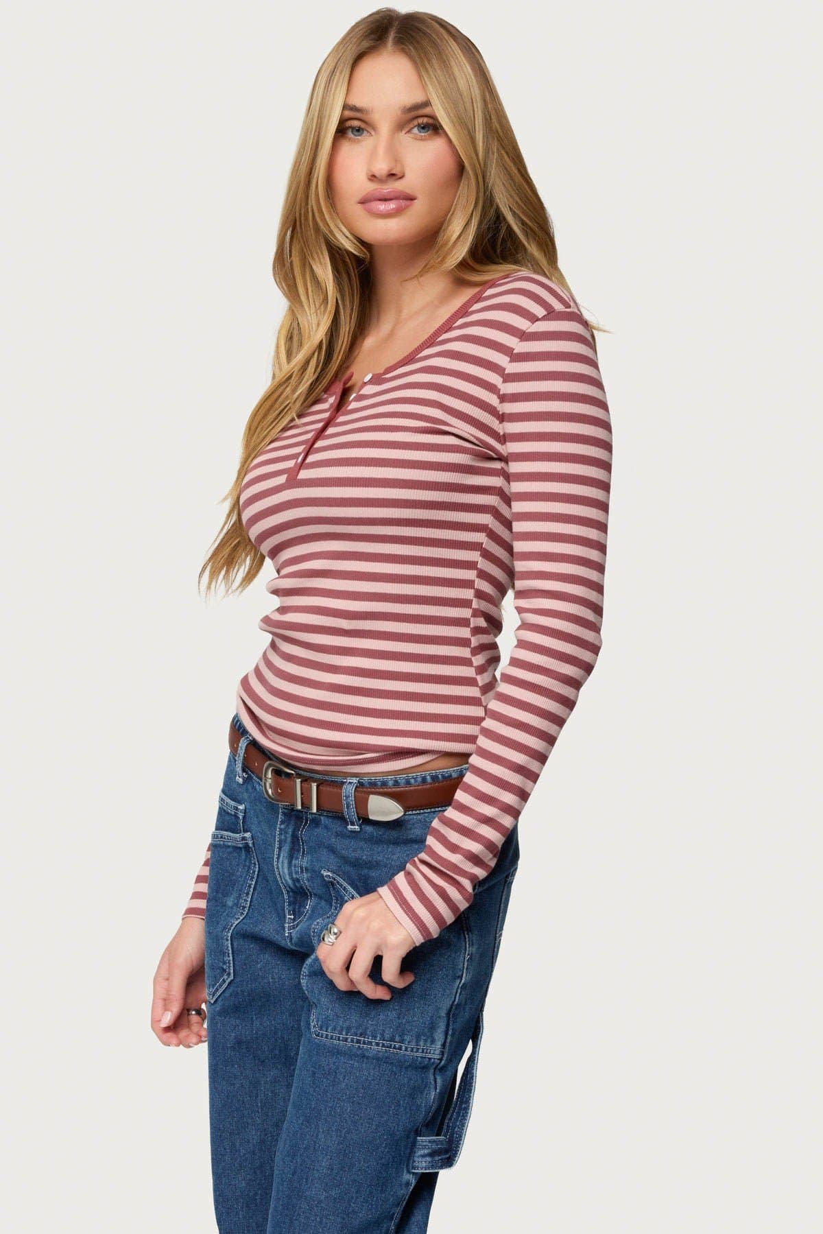 Roma Striped Henley Top Long Sleeve Cotton Spandex Contrast Trim