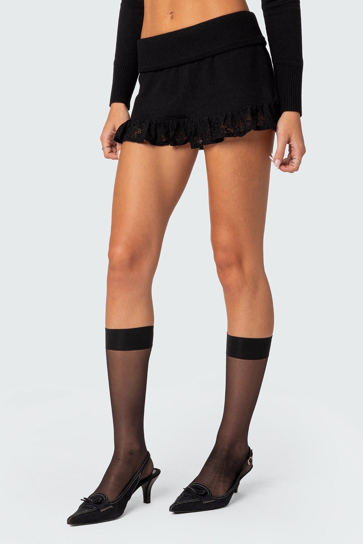 Lace Ruffle Hem Knit Mini Skirt - Polyester Rayon Matching Set