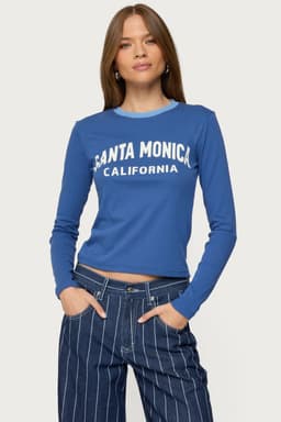 Santa Monica Long Sleeve T-Shirt with Contrast Trim and California Graphic