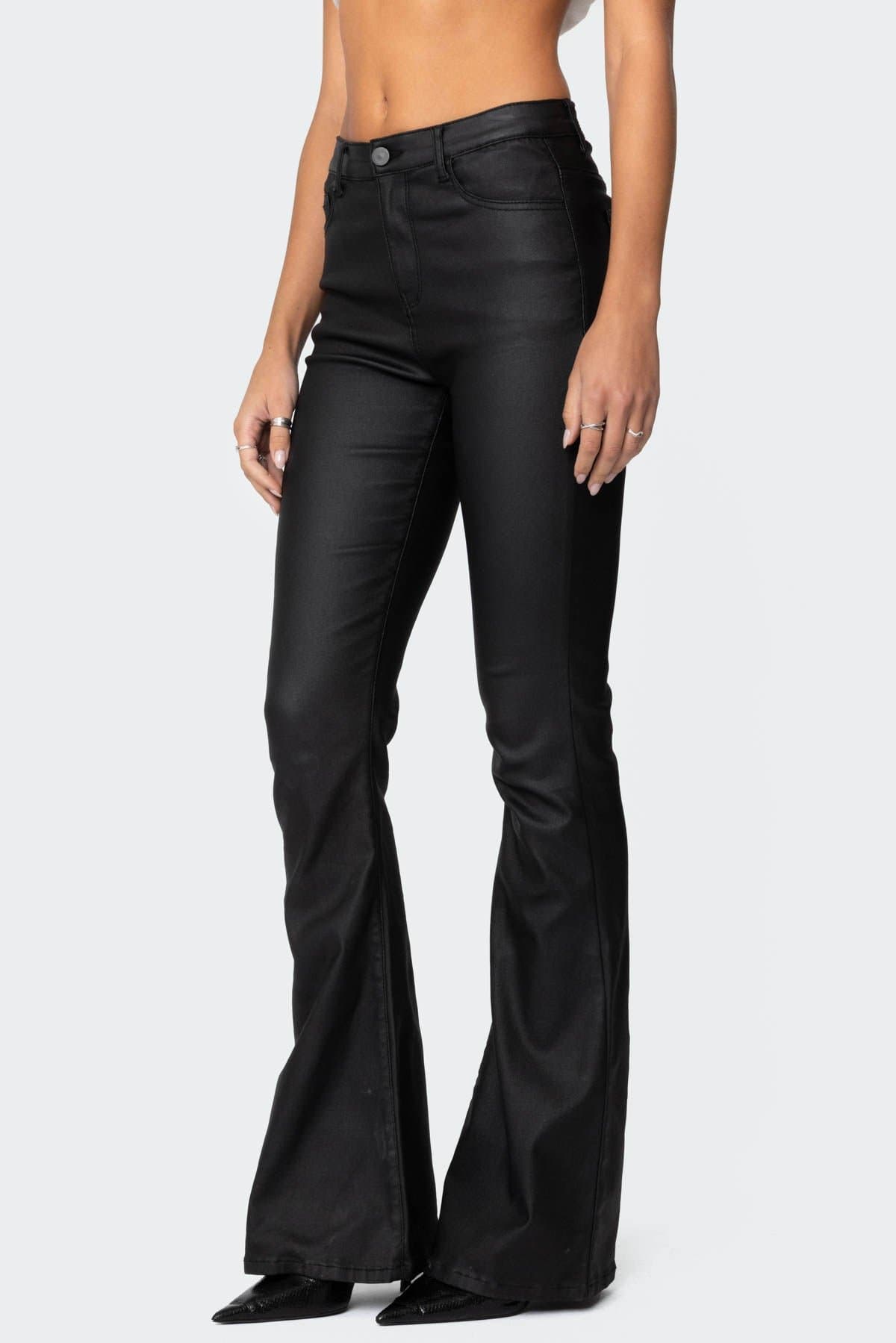 Luna Faux Leather Flare Jeans - Polyester Rayon Spandex Women's Bottoms