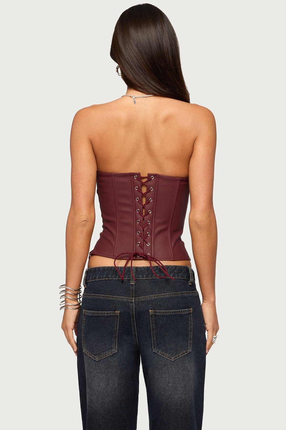 Izara Studded Faux Leather Corset - Strapless Sweetheart Neckline Boned Bodice