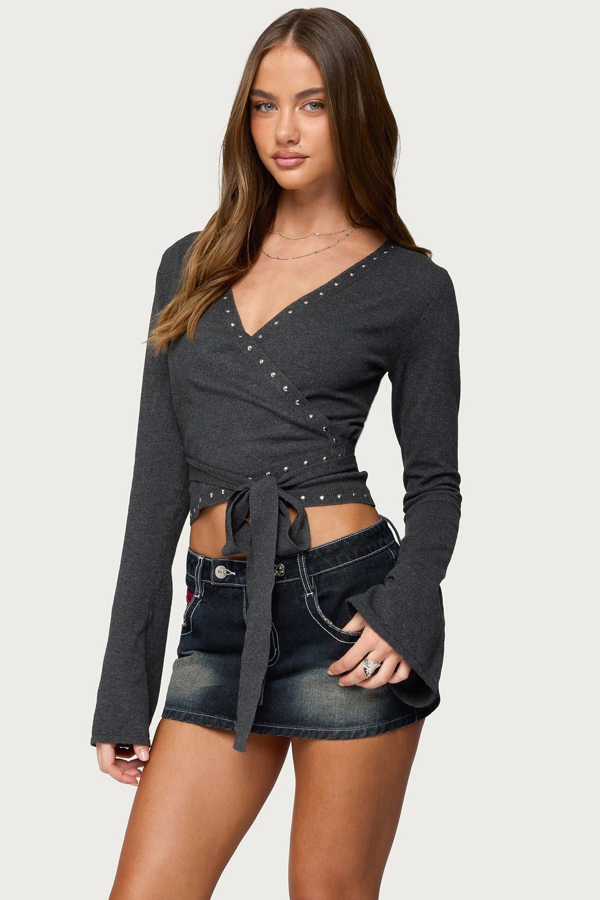 Roccia Studded Knit Wrap Top with Long Bell Sleeves