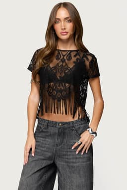 Kira Sheer Lace Fringe Top - Polyester Women's Blouse Size S