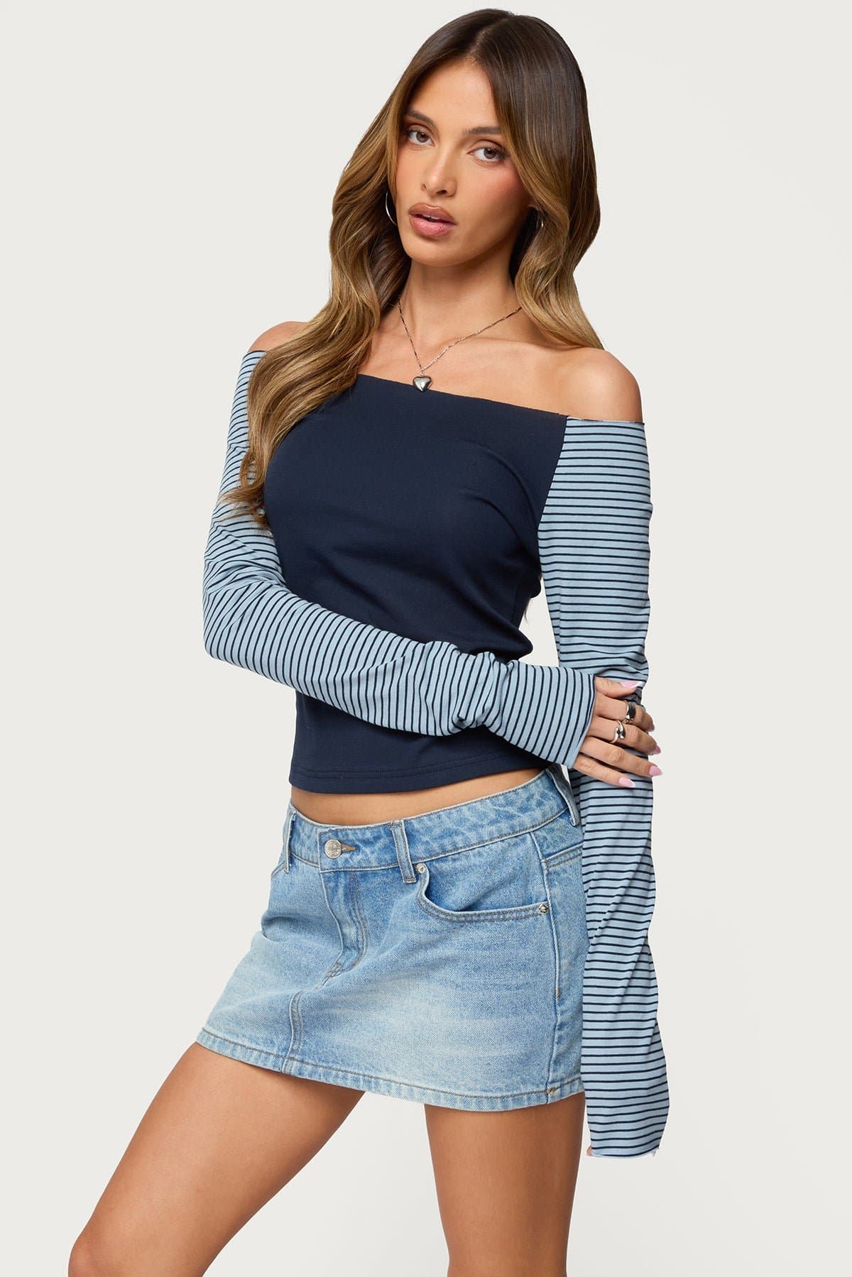 Rion Contrast Striped Off Shoulder Long Sleeve Top - Cotton Spandex