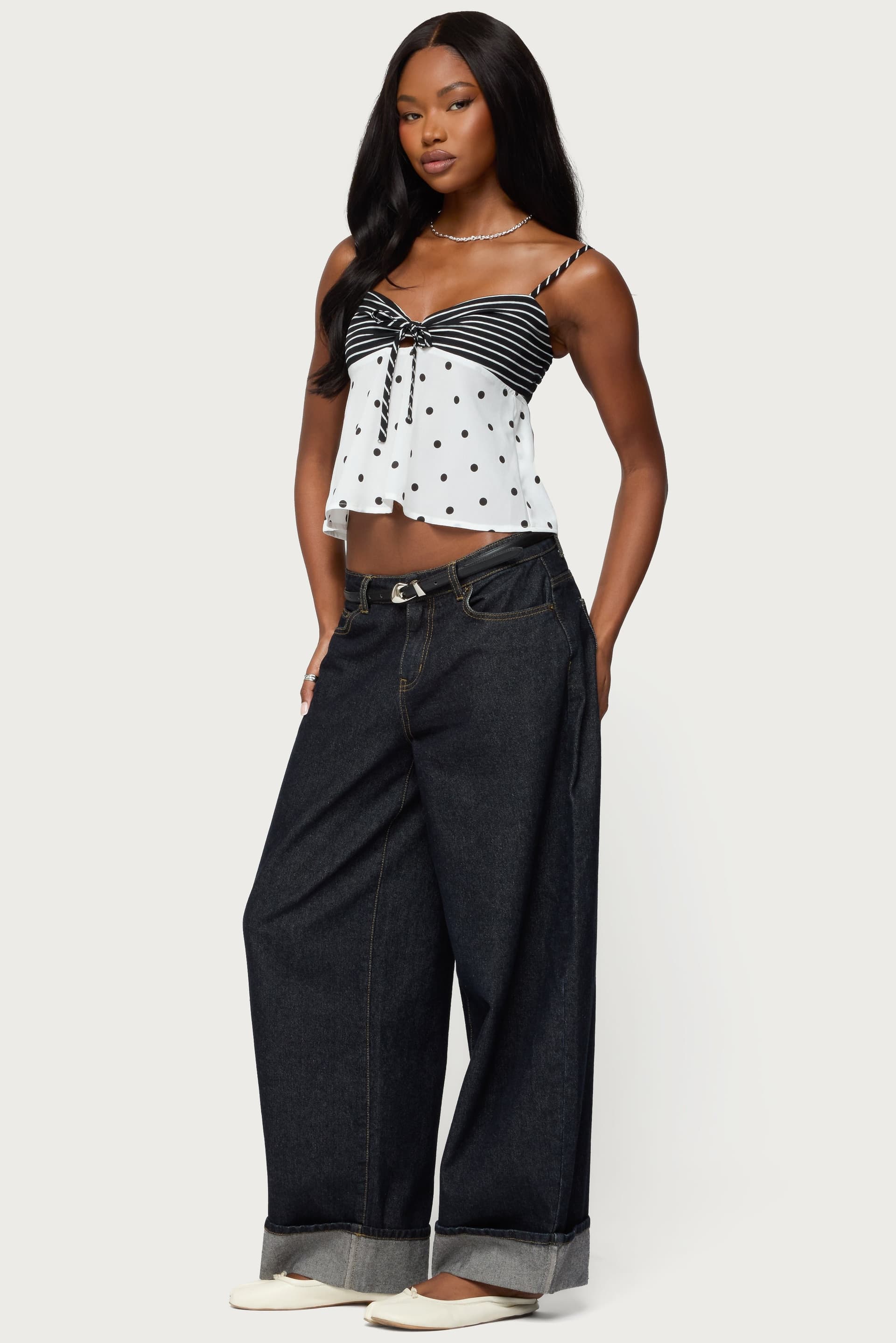 Tilly Mixed Print Top - Polka Dot Striped Polyester Sweetheart Neckline