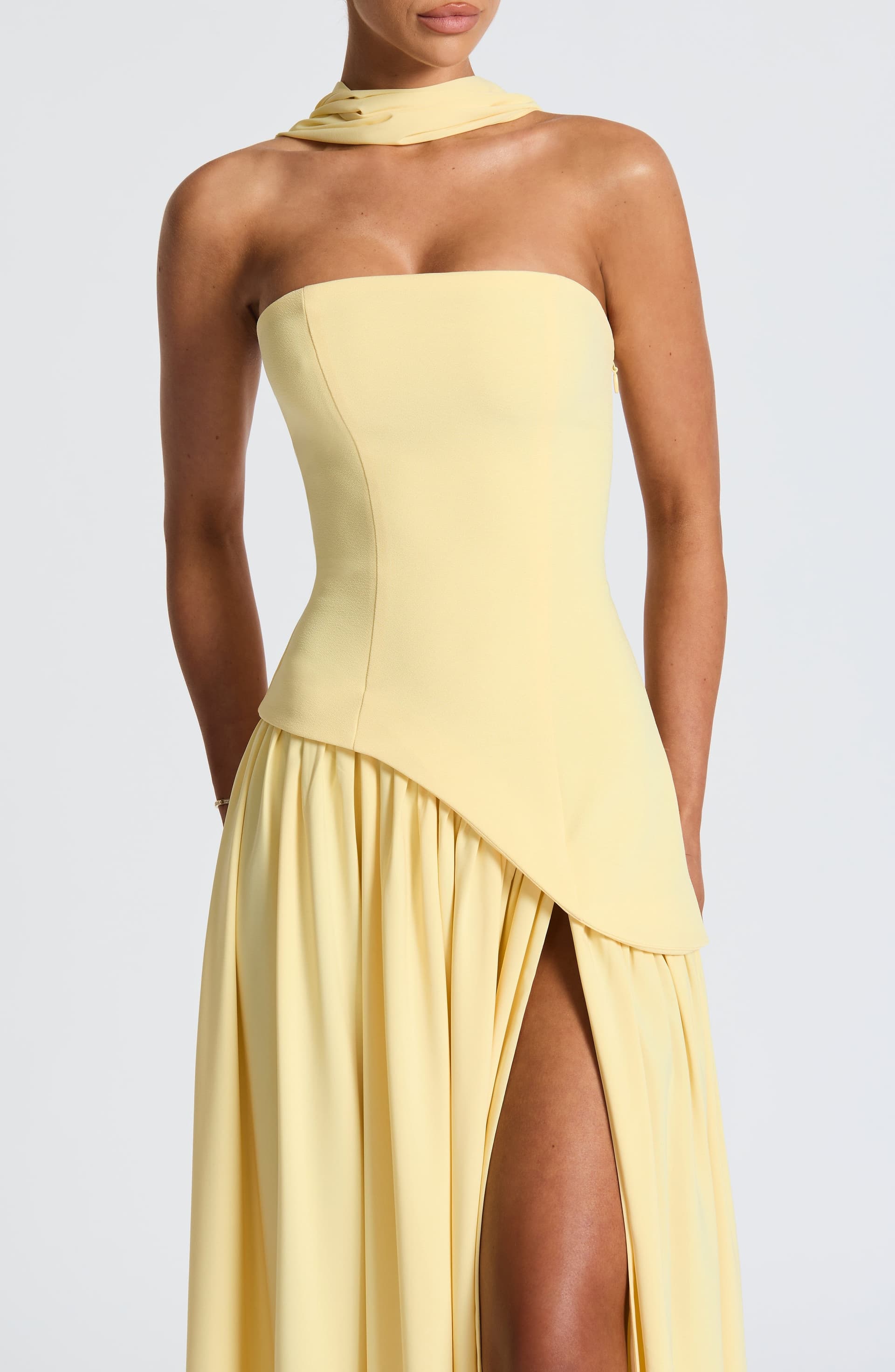 Maliyah Maxi Dress Lemon Crepe Bodice Chiffon Skirt Thigh High Split