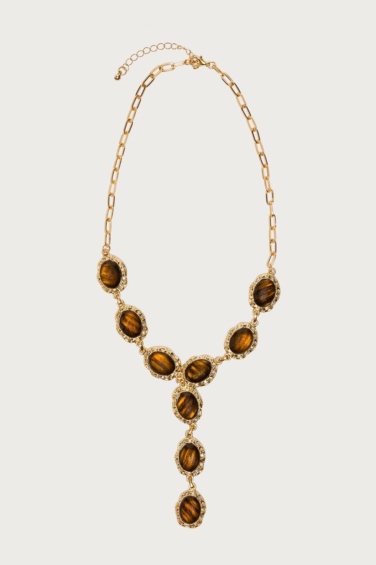 Cascading Textured Pendant Necklace with Adjustable Chain Gold Tone Resin Stone Detailing 17.7in