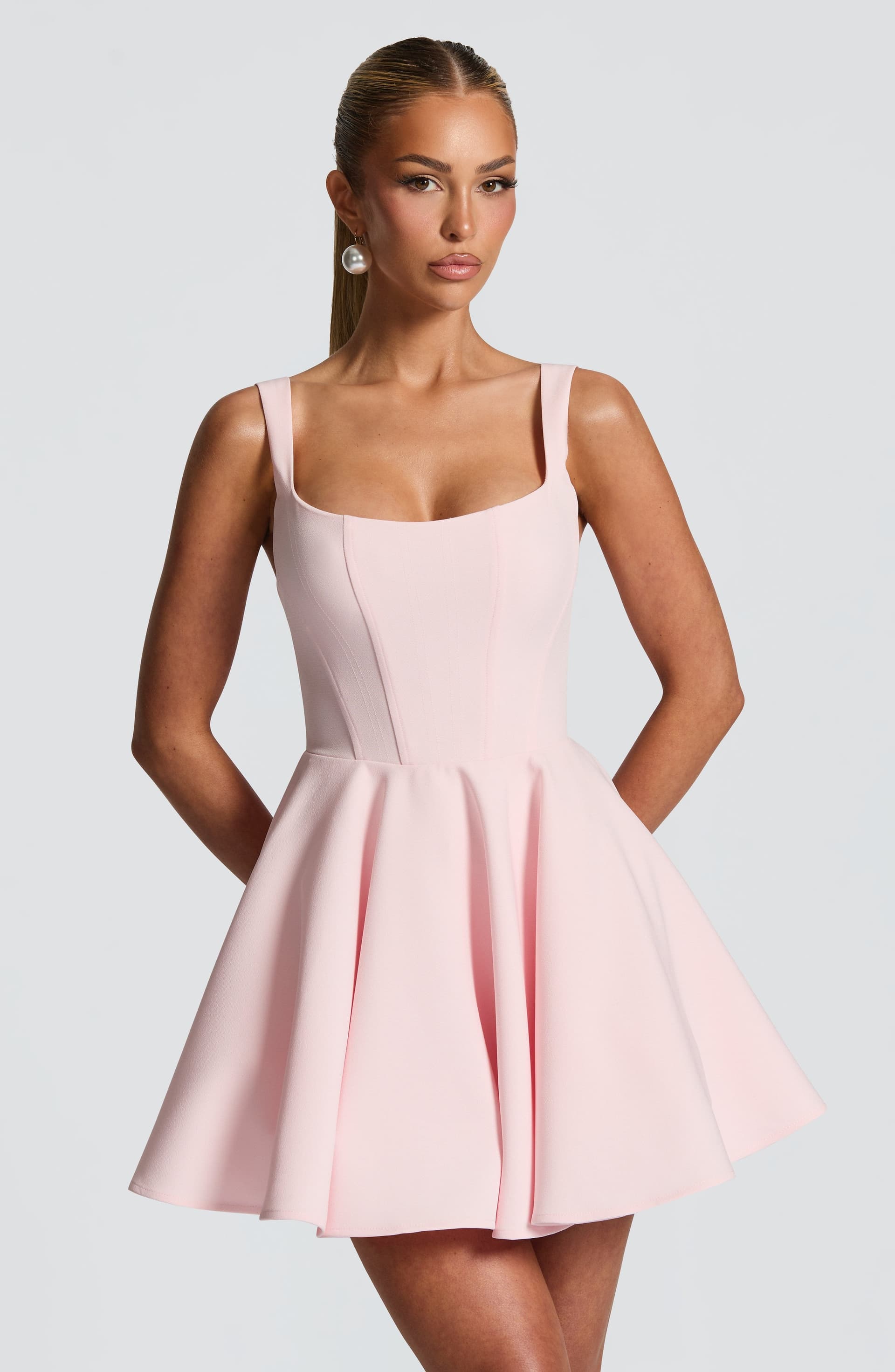 Rue Mini Dress Blush Pink Non-Stretch Crepe Square Neckline Boned Bodice