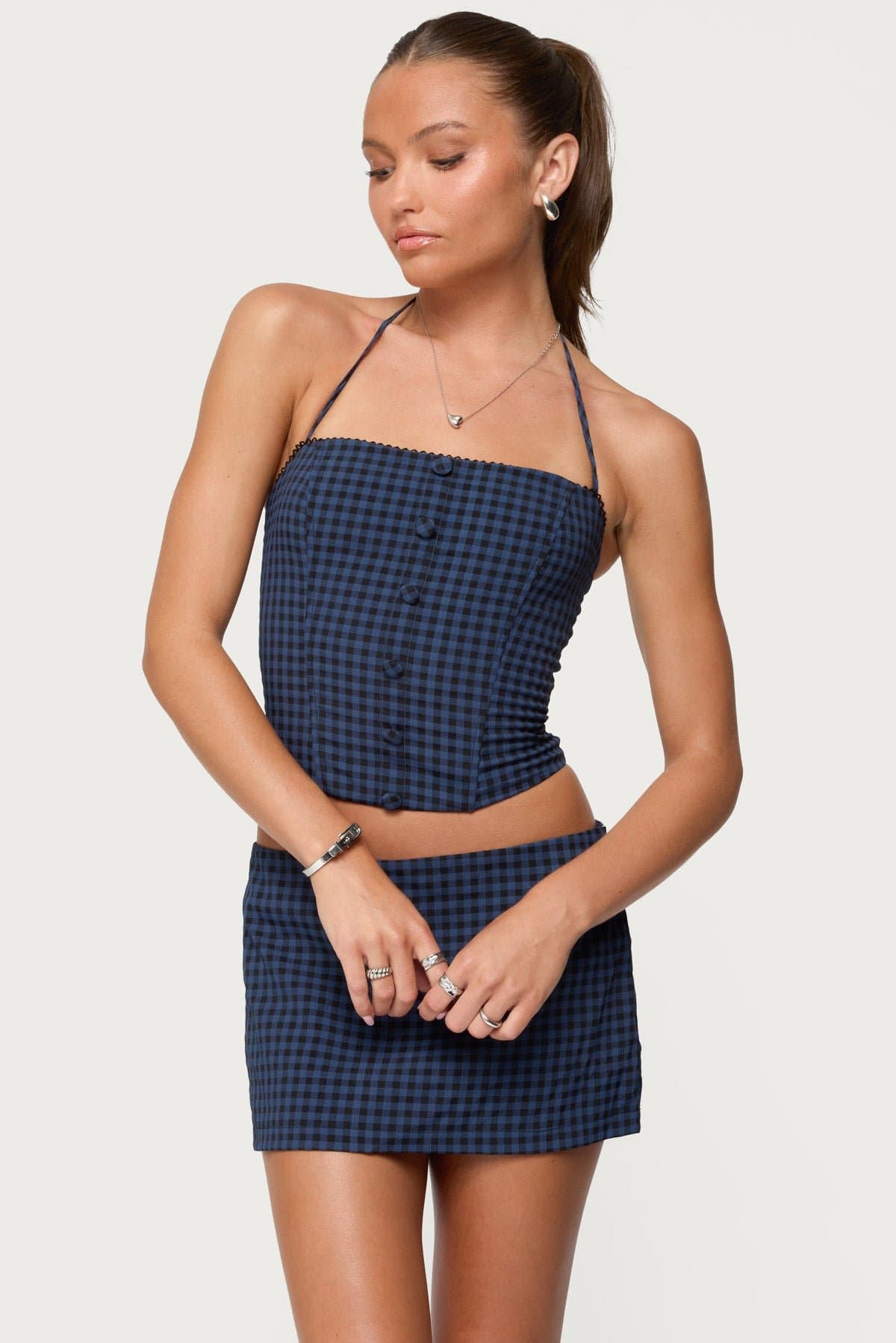Winsley Gingham Halter Corset - Boned Bodice, Lace-Up Back, Frill Trim