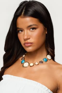 Mixed Stone Necklace with Gold Tone Metal and Resin - 16.5 Inch Length