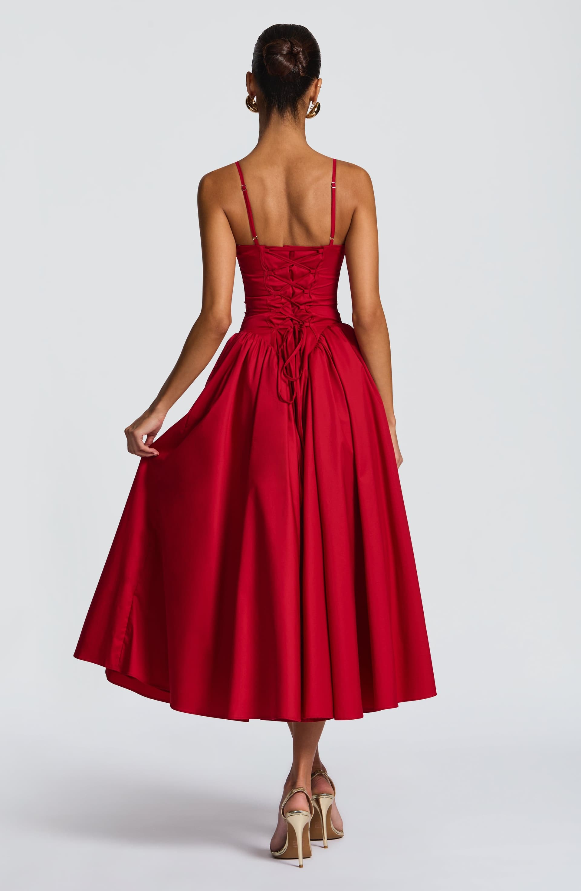 Emerson Midi Dress Red Sweetheart Neckline Lace-Up Back Dropped Waist