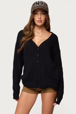 Francine Oversized V Neck Cardigan - Cable Knit 100% Cotton Ribbed Button Front