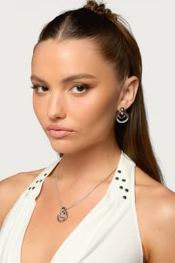 Paired Hoops Necklace and Earrings Set in Silver Tone Metal