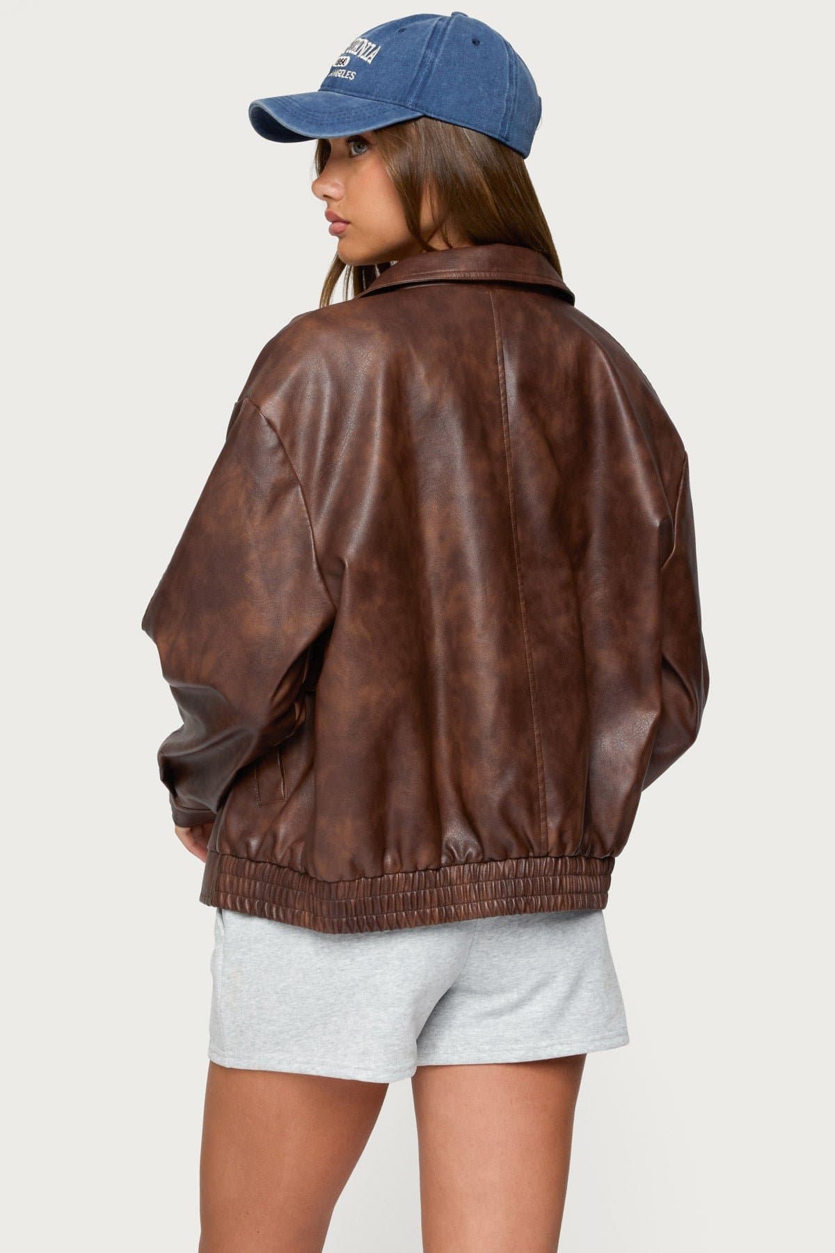 Ardella Oversized Faux Leather Jacket - Polyurethane Polyester Classic Collar Flap Pockets