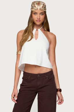 Oliviana Linen Look Halter Top with Cutout and Wood Bead Detail 100% Cotton
