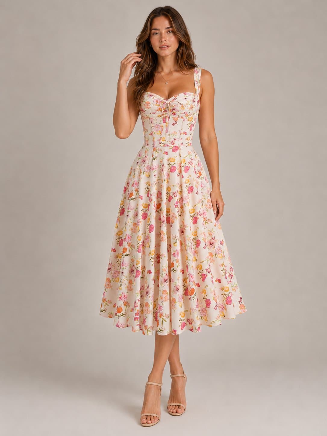 Women's Pink Floral Midi Dress – Sweetheart Neck Tie Front Wide Strap Fitted Bodice Full A-Line Sundress