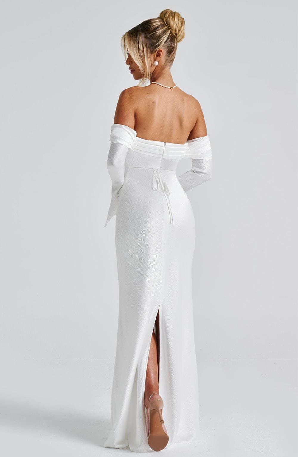 Selene Maxi Dress in Ivory - Textured Satin Bardot Neckline Long Sleeve