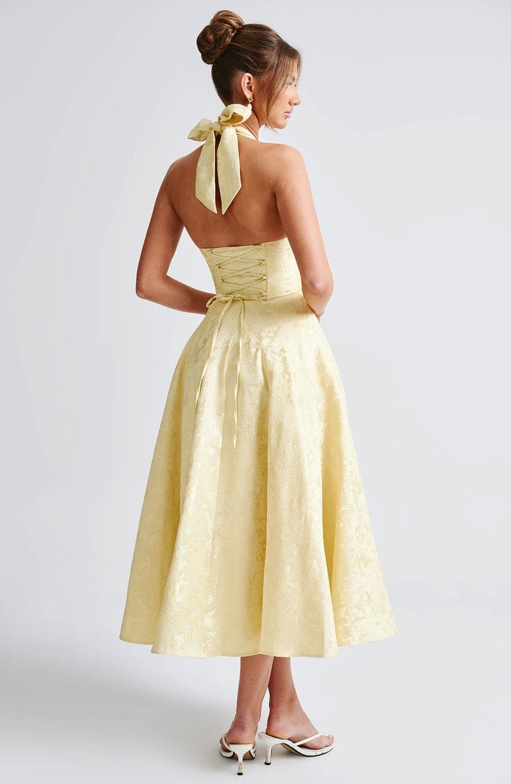 Effie Midi Dress - Lemon Floral Jacquard Plunge Halter Lace Up