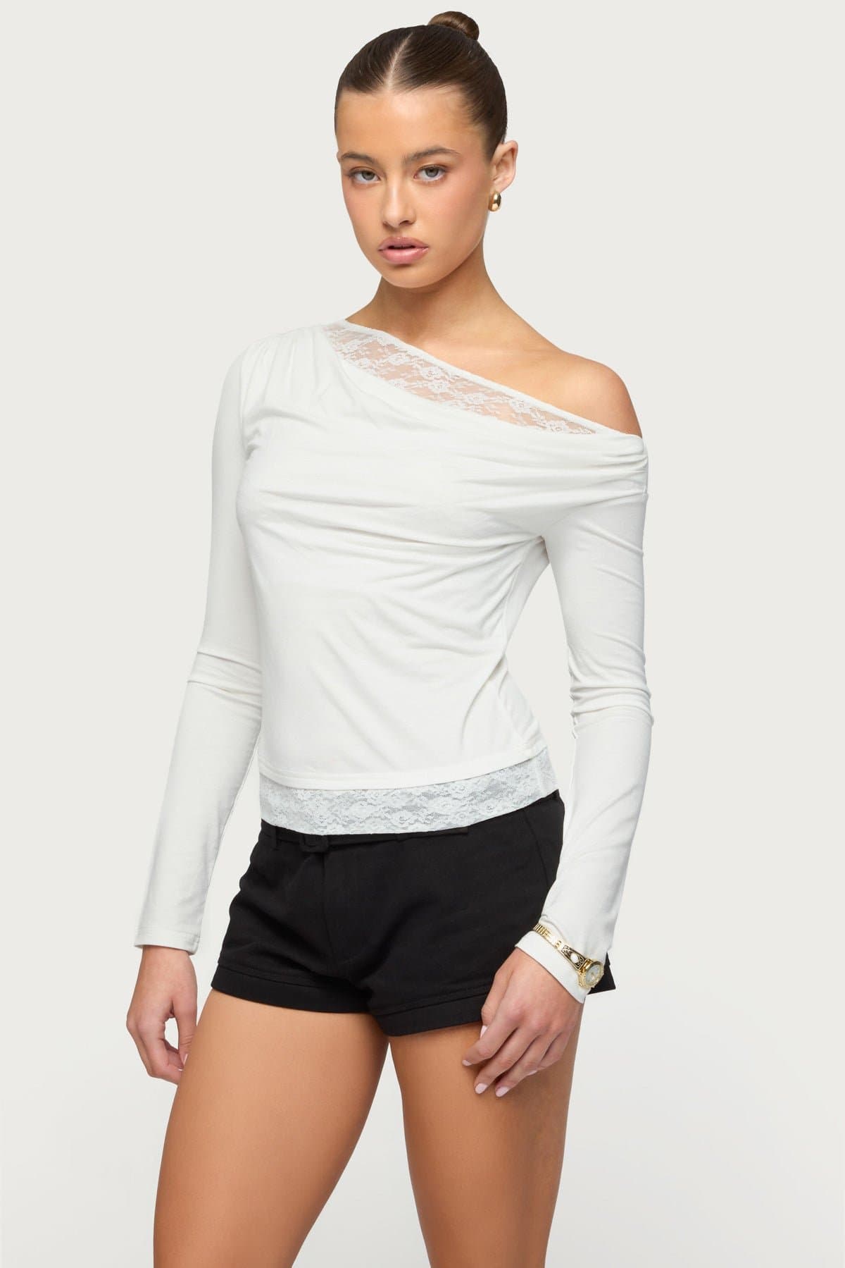 Layered Lacey Off Shoulder Long Sleeve Top - Rayon Spandex Cowl Neck