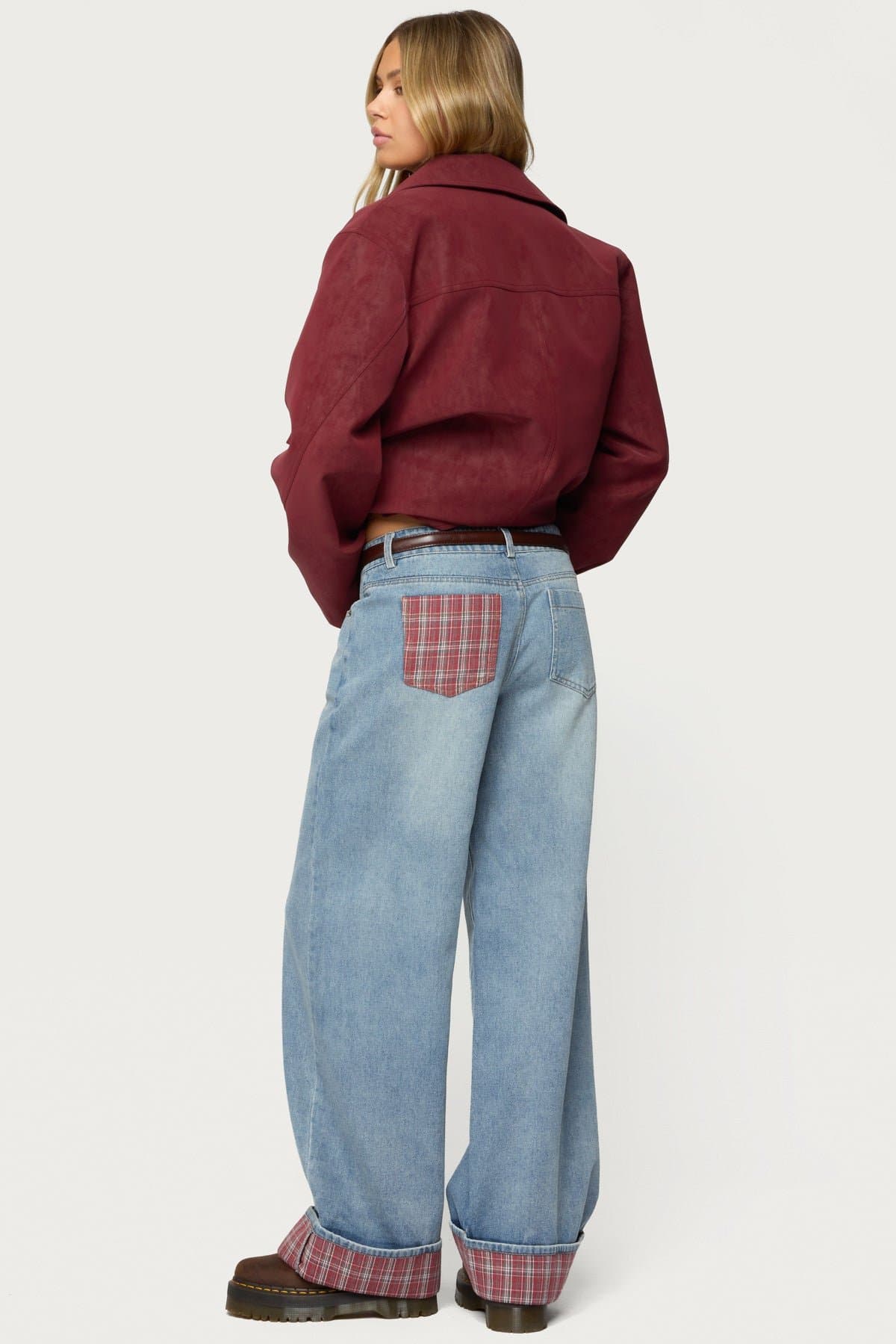 Plaid Cuffed Low Rise Baggy Jeans - Rigid Cotton Polyester Denim