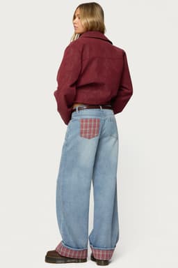 Plaid Cuffed Low Rise Baggy Jeans - Rigid Cotton Polyester Denim