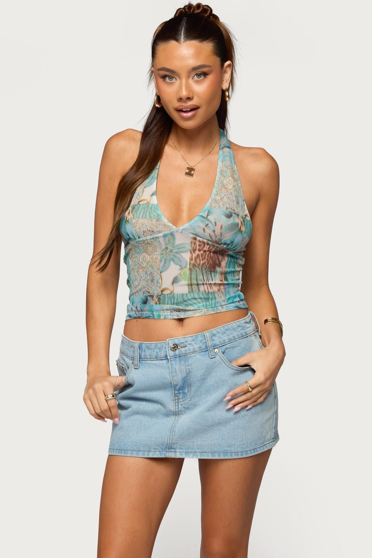 Catie Printed Mesh Halter Top - V-Neck Neck Tie Polyester Spandex