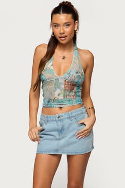 Catie Printed Mesh Halter Top - V-Neck Neck Tie Polyester Spandex