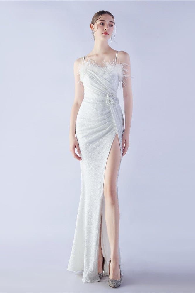 Ostrich Feather Embellished V-Neck Sleeveless Maxi Dress