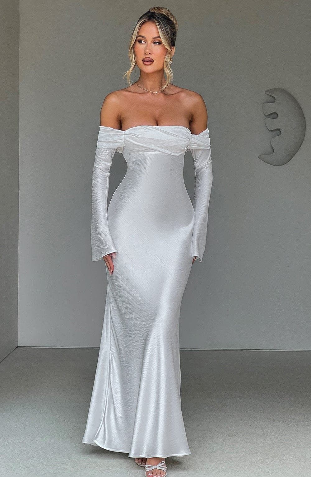 Selene Maxi Dress in Ivory - Textured Satin Bardot Neckline Long Sleeve