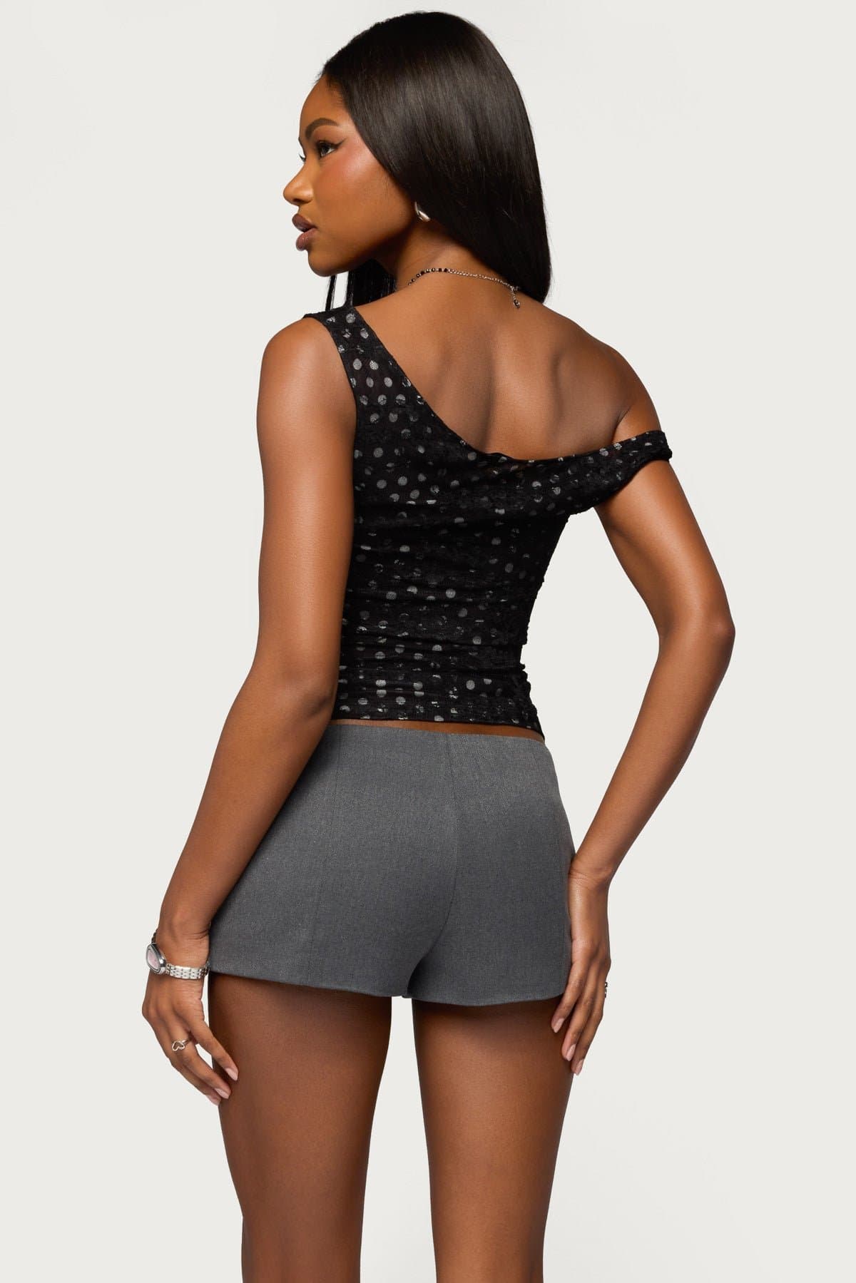 Off Shoulder Lace Polka Dot Top - Polyester Spandex Layered Fabric